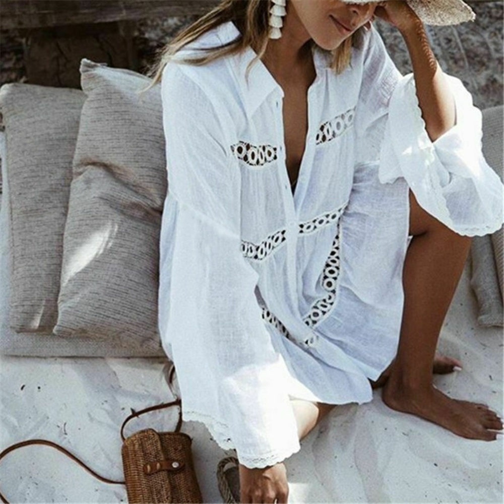 Boho White Cotton Button Up Tunic Top Cover-Up - Picture 2 of 8